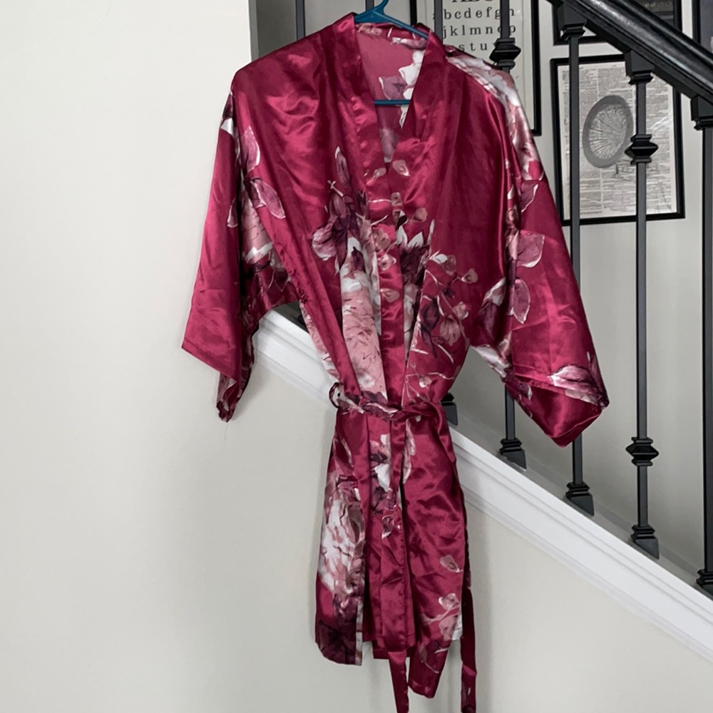 Flower satin kimono robe